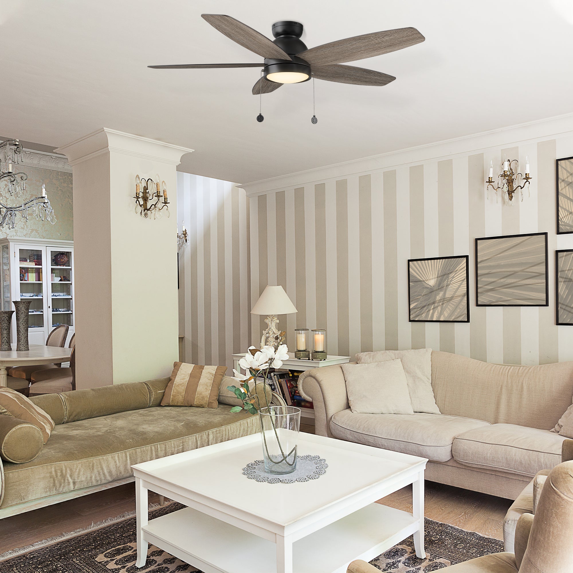 An elegant living room decor featuring the Treyton 52 inch Pull Chain Ceiling Fan with Light Kit.