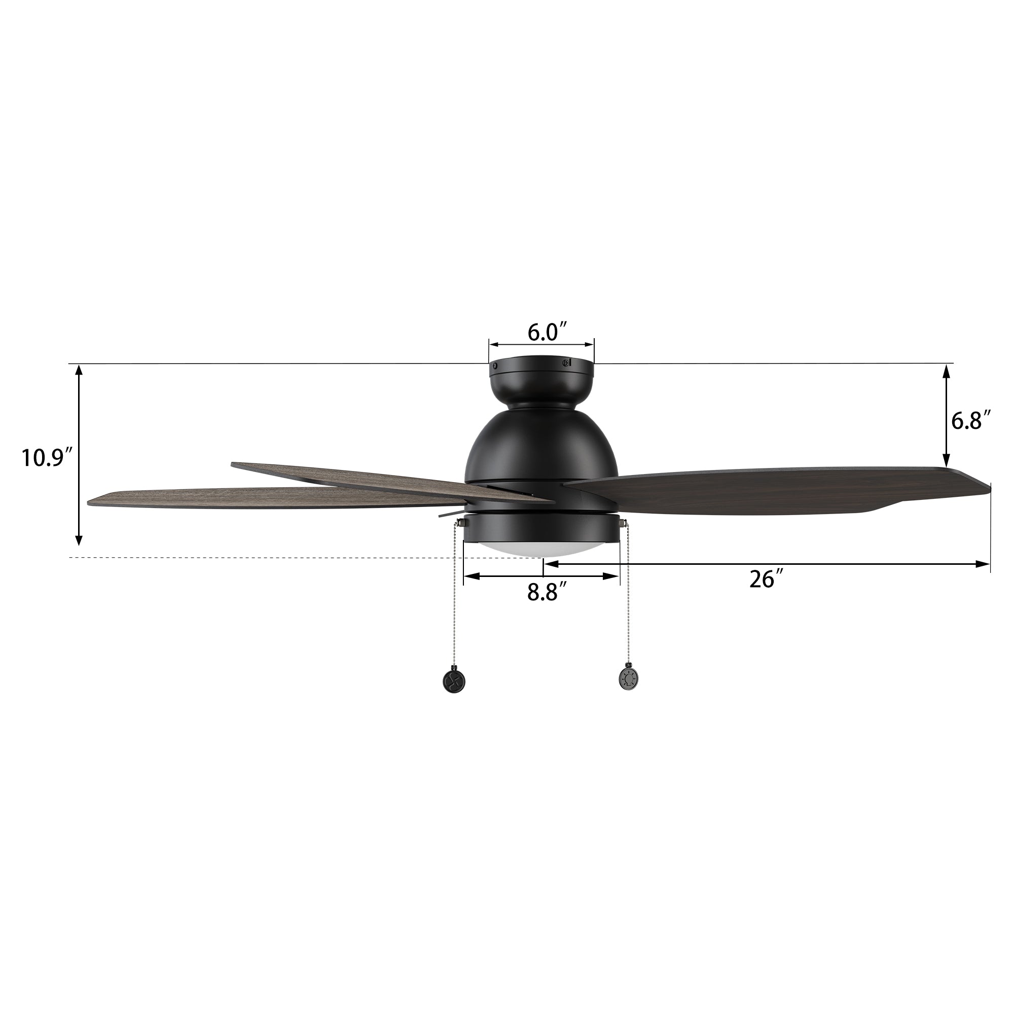 Detail size of Carro flush mount Treyton 52 inch pull chain ceiling fan with light, indoor use only.