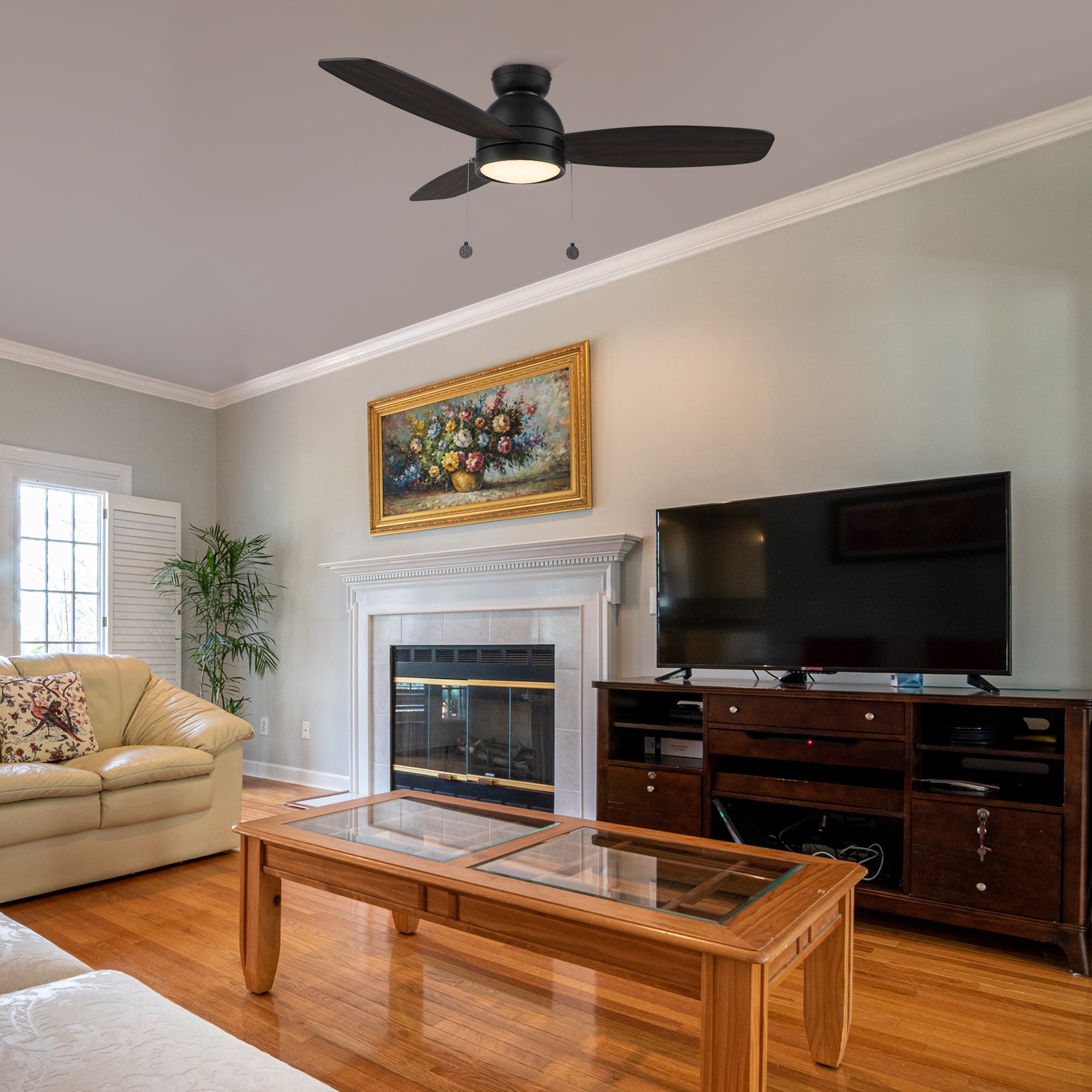 Smafan Carro Troyes 48 inch pull-chain ceiling fan design with dark wood Plywood blades and integrated 4000K LED light, downrod mounted in livingroom.