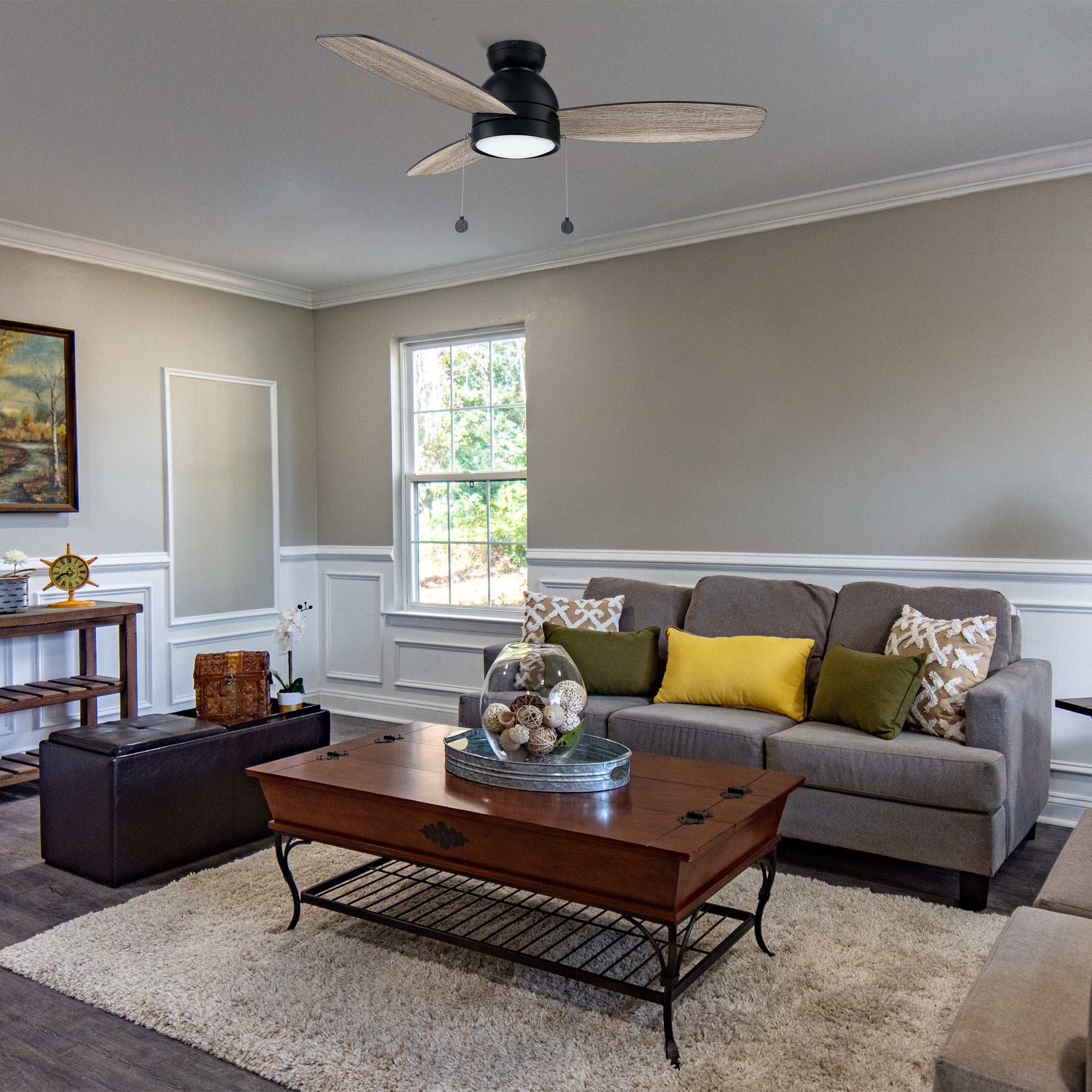 Smafan Carro Troyes 48 inch pull-chain ceiling fan design with Black finish, Plywood blades, and integrated 4000K LED cool light, decor in livingroom.