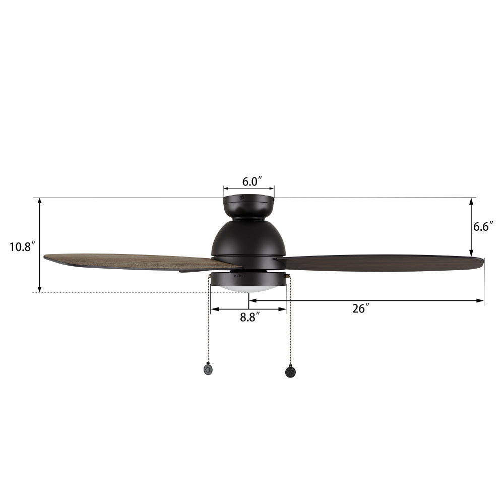 A size detail of Carro Troyes 52 inch pull-chain ceiling fan with light.