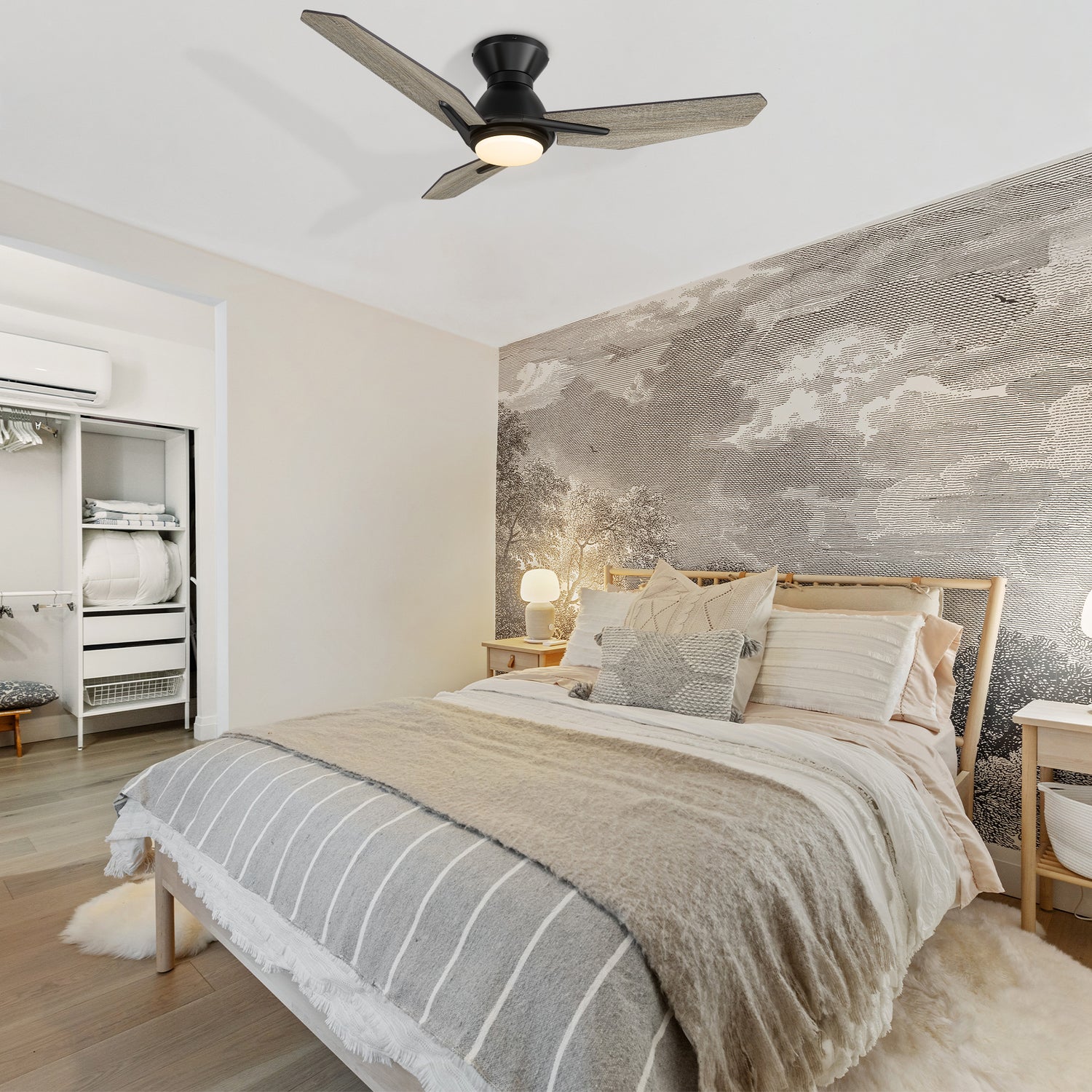 Carro Vant 44 inch ceiling fan with light, low profile design with 3 wooden plywood blades, installed in a bedroom.