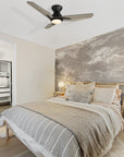 Carro Vant 44 inch ceiling fan with light, low profile design with 3 wooden plywood blades, installed in a bedroom.