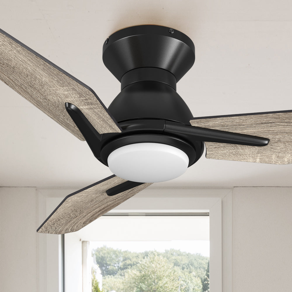 Carro Vant 44 inch ceiling fan with light, low profile design, 3 wooden plywood blades and an integrated 4000K LED cool light.