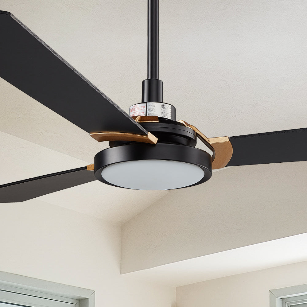 Smafan Carro Viter 52 inch smart outdoor ceiling fan with LED light, black and gold design.