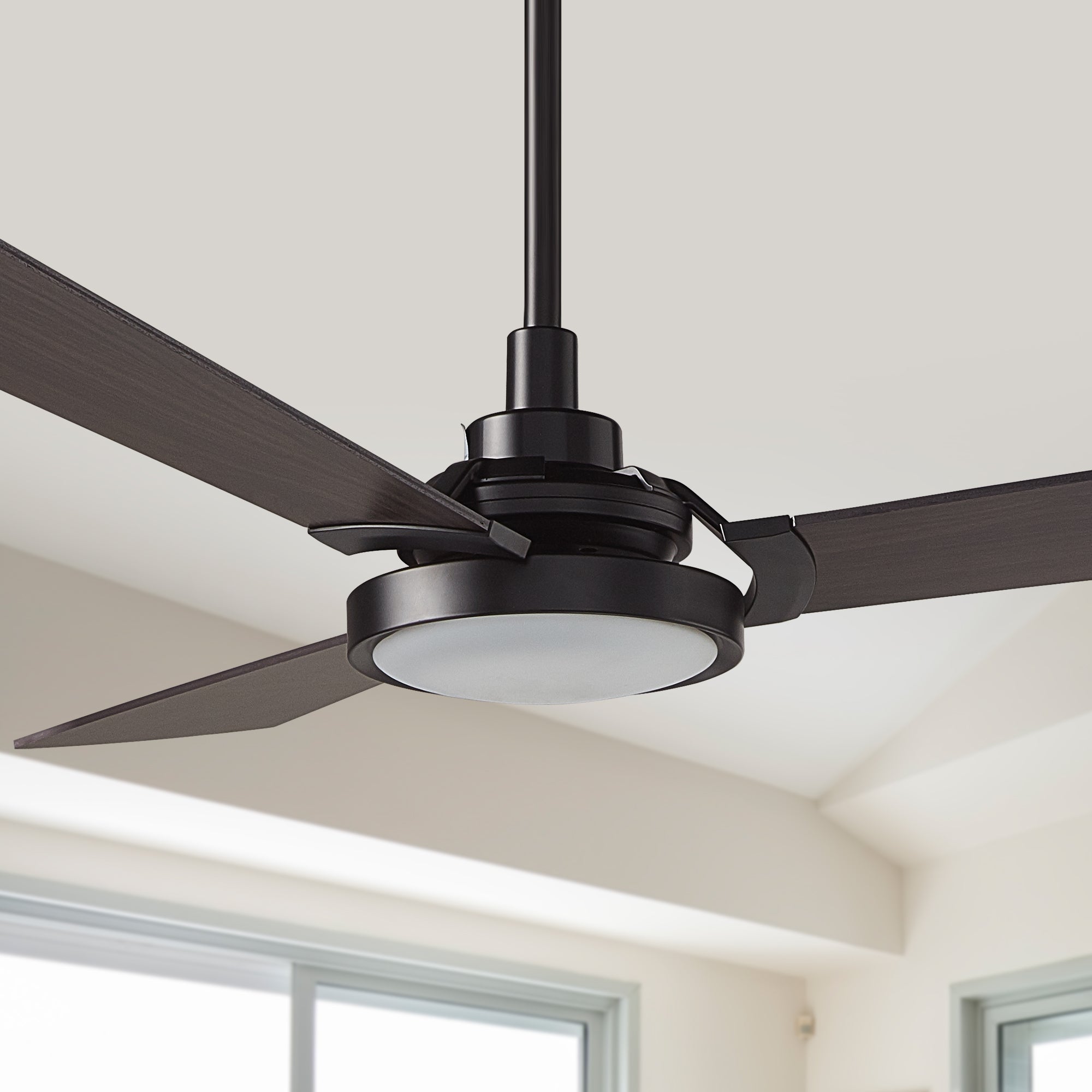 Carro Viter smart ceiling fan with light designed with dark wood finish, elegant Plywood blades, Glass shade and integrated 4000K LED daylight.