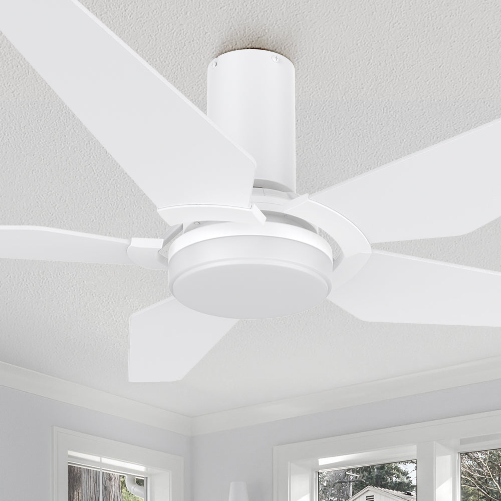 Carro Voyager 48 inch smart ceiling fan designed with white finish, elegant Plywood blades, Glass shade and integrated 4000K LED cool light.