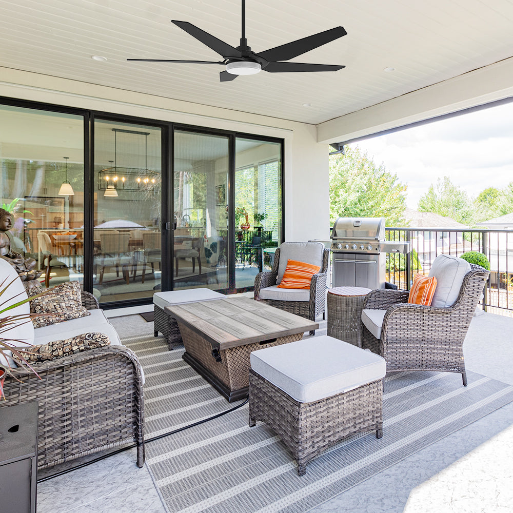 Carro Voyager 52 inch outdoor ceiling fan with light, 5 black fan blades and an extended 6 in rod, Installed in the house proch.