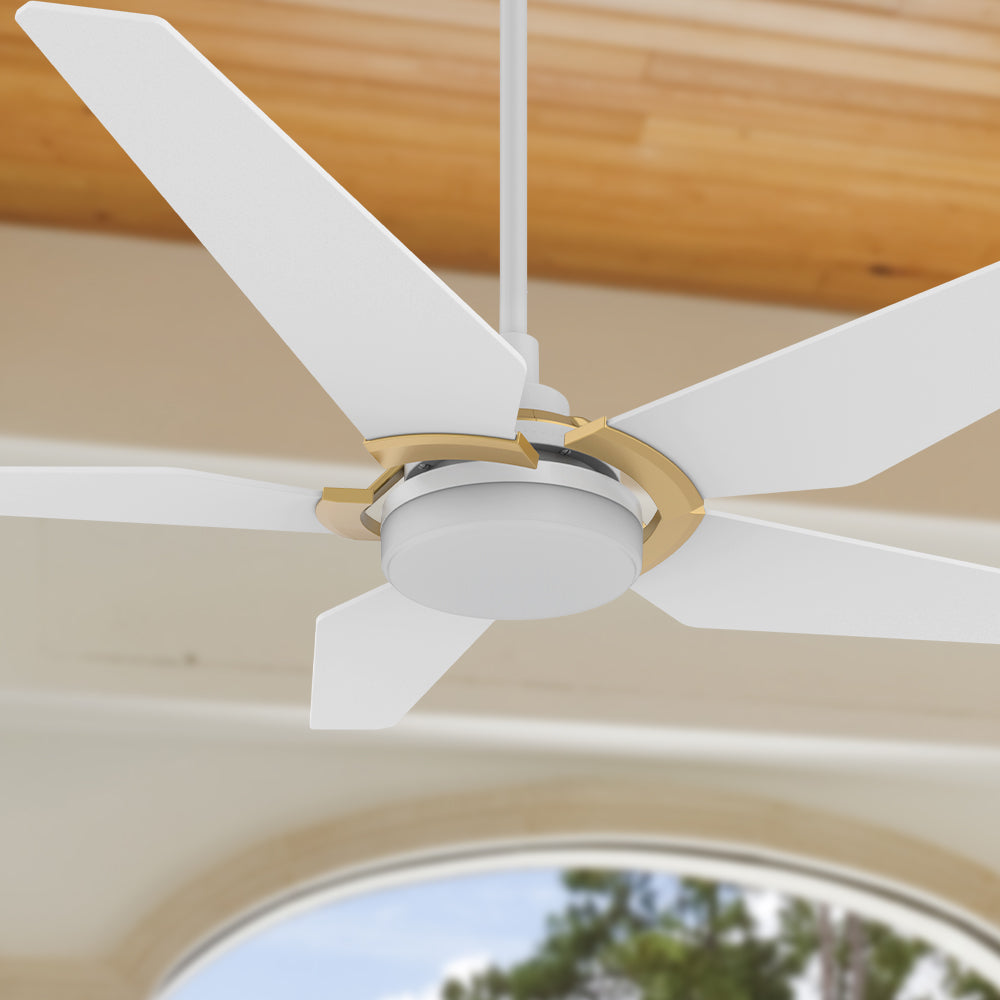Smafan Voyager 52 inch smart ceiling fan designs with white and gold finish, elegant plywood blades, glass shade and has an integrated 4000K LED daylight.