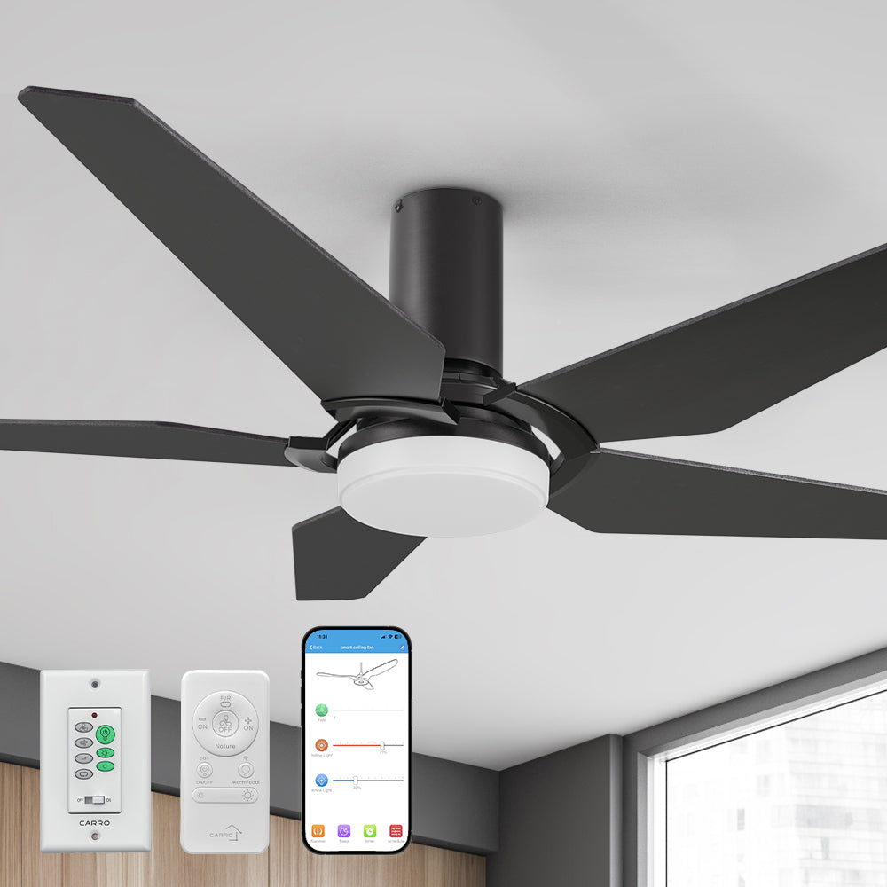 Carro Voyager 52 inch smart ceiling fan designed with black finish, elegant Plywood blades, Glass shade and integrated 4000K LED cool light.