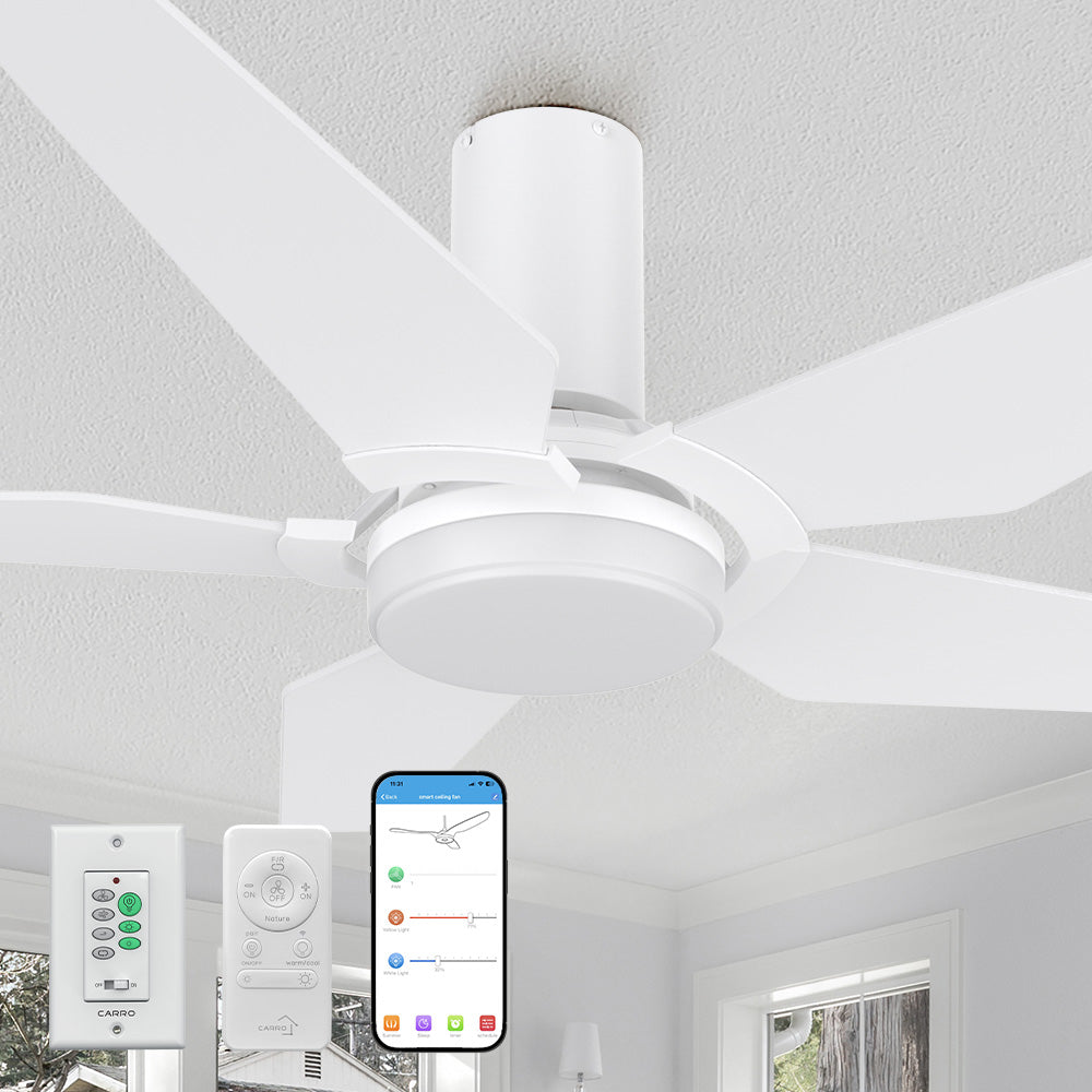 Smafan Voyager 52 inch modern white ceiling fan with light and five blades installed on a white ceiling, shown with a wall control panel, remote control, and a smartphone displaying a fan control app interface.