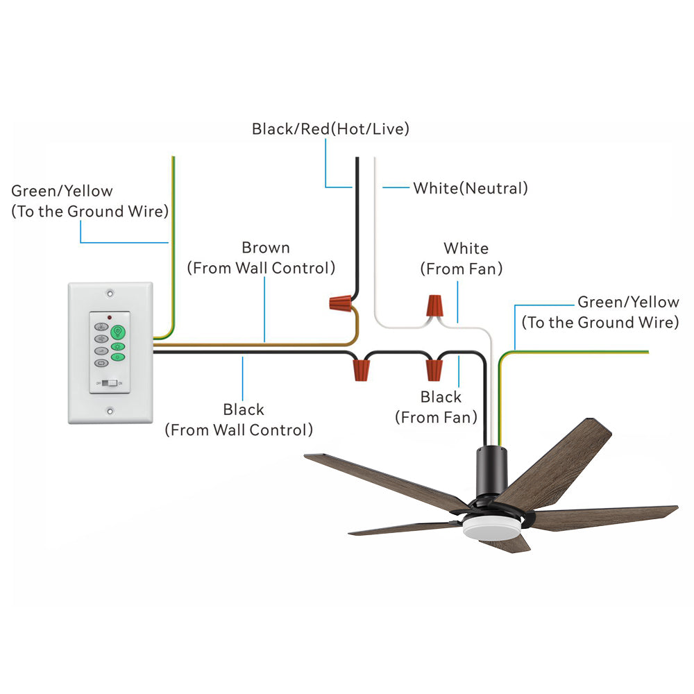 Illustration of the ceiling fan wiring setup with wall switch control. It shows the connection of various wires: Black/Red (Hot/Live), White (Neutral), Green/Yellow (Ground), and Black/Brown wires from the wall control and ceiling fan. The image includes a black ceiling fan with five light wood blades, a wall control switch with multiple buttons, and detailed wiring instructions for proper installation.