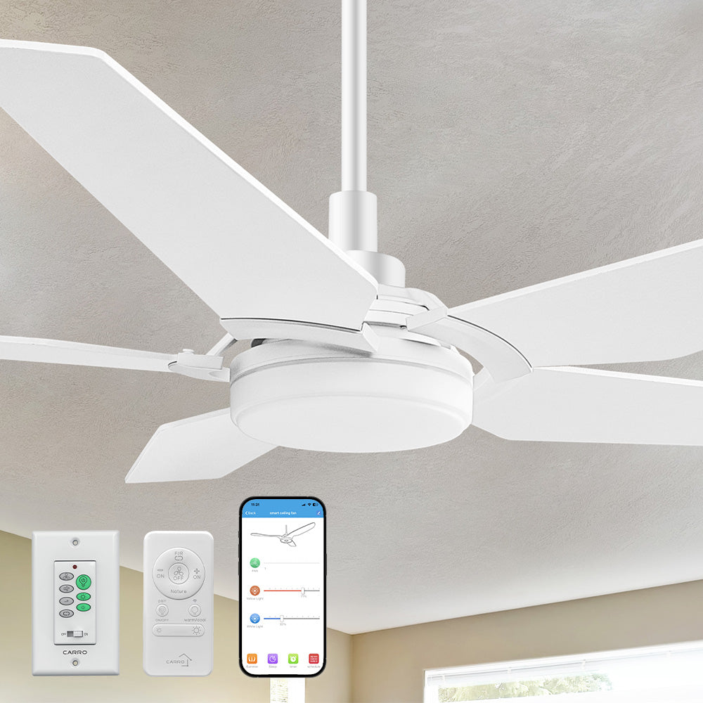 An image of a Carro 52-inch Smart Ceiling Fan with LED light, featuring white blades, mounted on a beige ceiling for efficient airflow and cooling. The ceiling fan is shown with a Carro white wall switch, a handheld remote, and a smartphone displaying a control app, highlighting smart operation for customizable lighting and cooling in indoor settings.