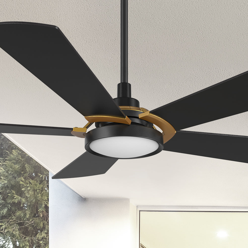 Smafan Wilkes 52 inch smart ceiling fan designed with black and gold finish, elegant plywood blades, glass shade and integrated 4000K LED daylight.