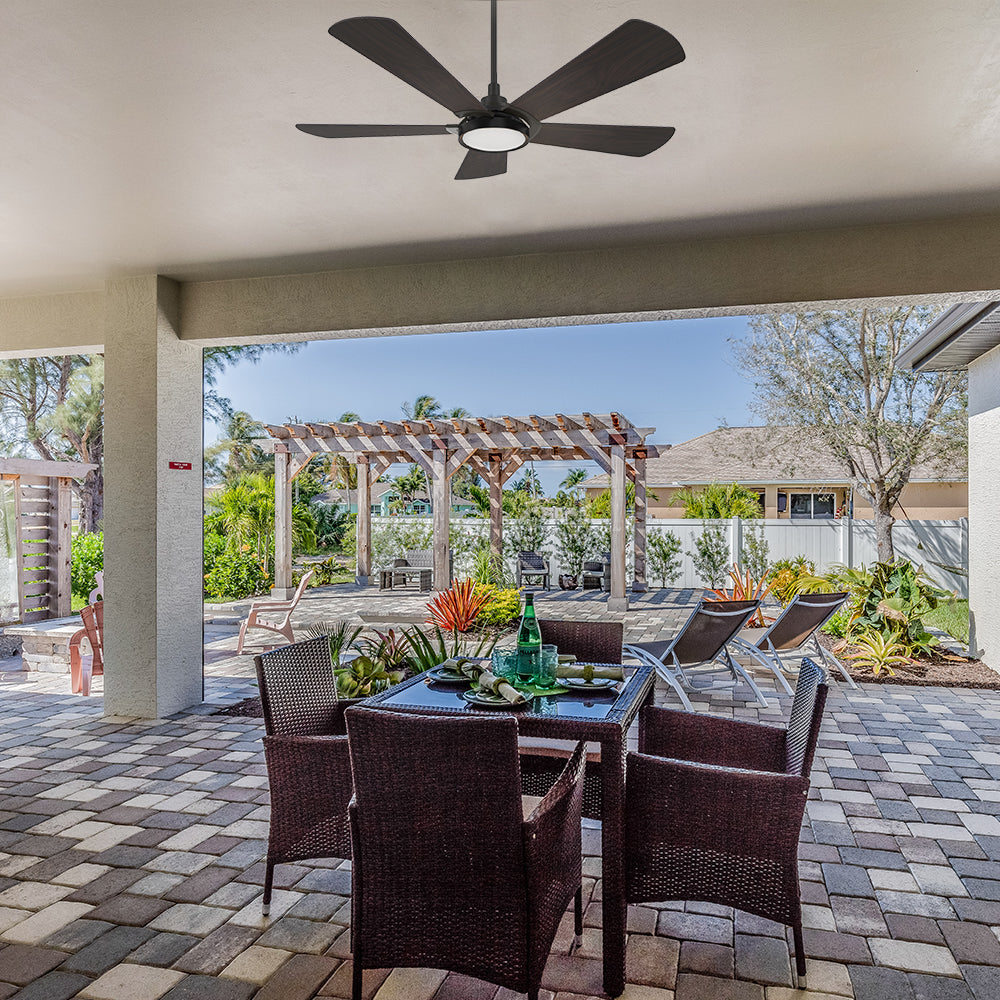 Carro Wilkes 52 inch outdoor ceiling fan with 5 dark wood fan blades and an extended 6 in rod, Installed in the house proch.