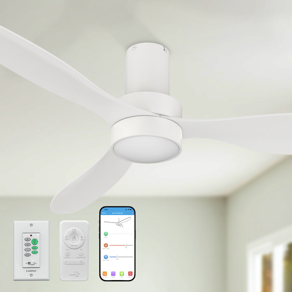 Close-up view of the white Coleman 52-inch smart flush mount ceiling fan mounted on a white living room ceiling. The modern low-profile fan features an integrated bright LED light and durable ABS blades. Remote control, smartphone app, and wall control shown in the lower left corner.