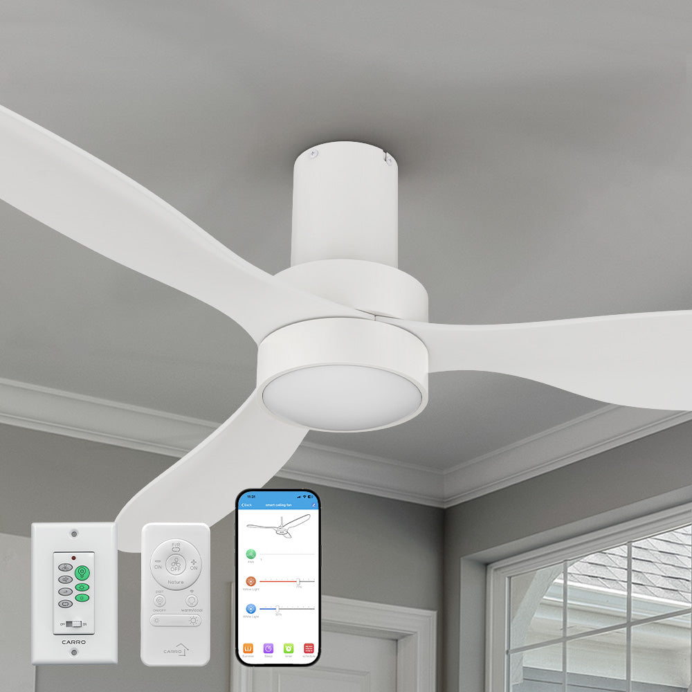 Close-up view of the white Coleman 52-inch smart flush mount ceiling fan mounted on a white living room ceiling. The modern low-profile fan features an integrated bright LED light and durable ABS blades. Remote control, smartphone app, and wall control shown in the lower left corner.