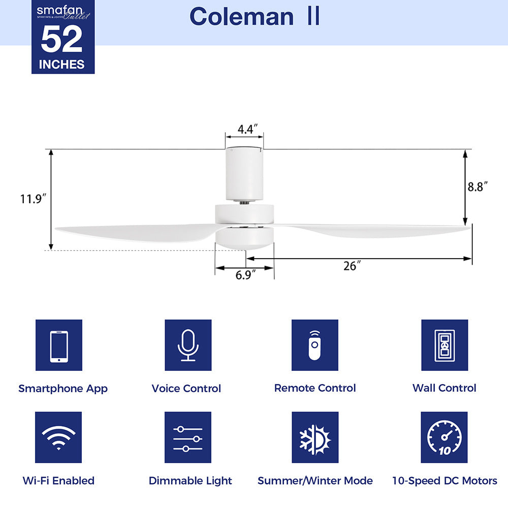 Coleman 52-inch white smart low profile ceiling fan with integrated bright daylight LED, durable ABS blades, and sleek modern design. Features remote, wall control, Wi-Fi app, Siri Shortcut, and voice control compatibility with Alexa and Google Assistant.