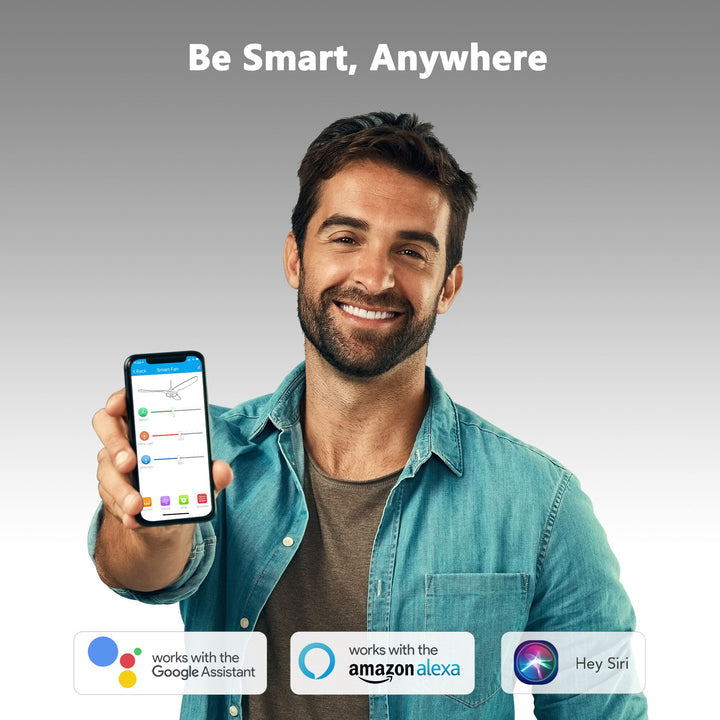 Carro Smafan Coro smart ceiling fan with DC motor, shown with a smartphone displaying app compatibility. Supports Google Assistant, Amazon Alexa, and Siri Shortcut for voice control and remote operation.