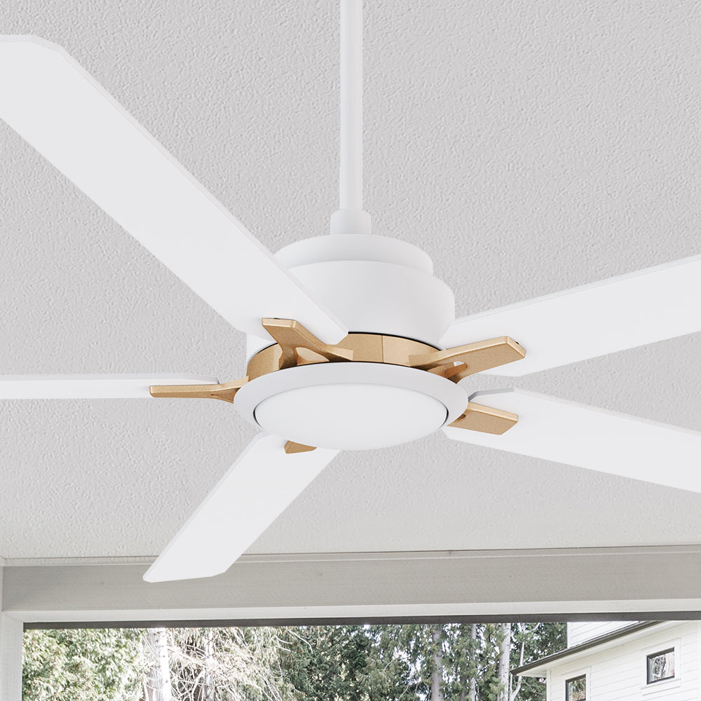 Carro Kyra 60 inch ceiling fan with white and gold finish, elegant Plywood blades and has an integrated 4000K LED cool light.