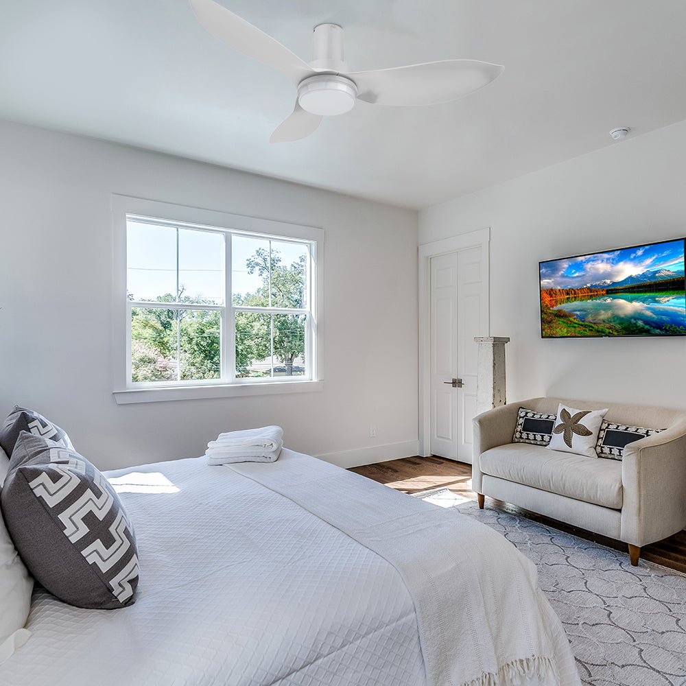 Transform your bedroom with the versatile Nefyn 45 inches flush mount ceiling fan. No space is too small for this remarkable fan, designed with a compact exterior and flush mount capability. Powered by an advanced DC motor, it operates quietly and efficiently.