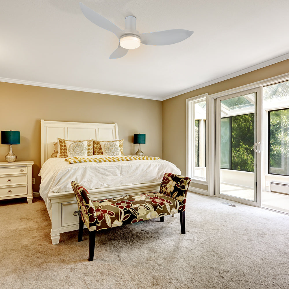 Elevate the style of your bedroom with the versatile Nefyn 45 inches flush mount ceiling fan. Designed to fit seamlessly into any space, this fan is a perfect choice for smaller areas. Its compact exterior and flush mount capability ensure a sleek and unobtrusive look. Powered by an advanced DC motor, the Nefyn fan operates silently and efficiently, keeping your bedroom comfortable.