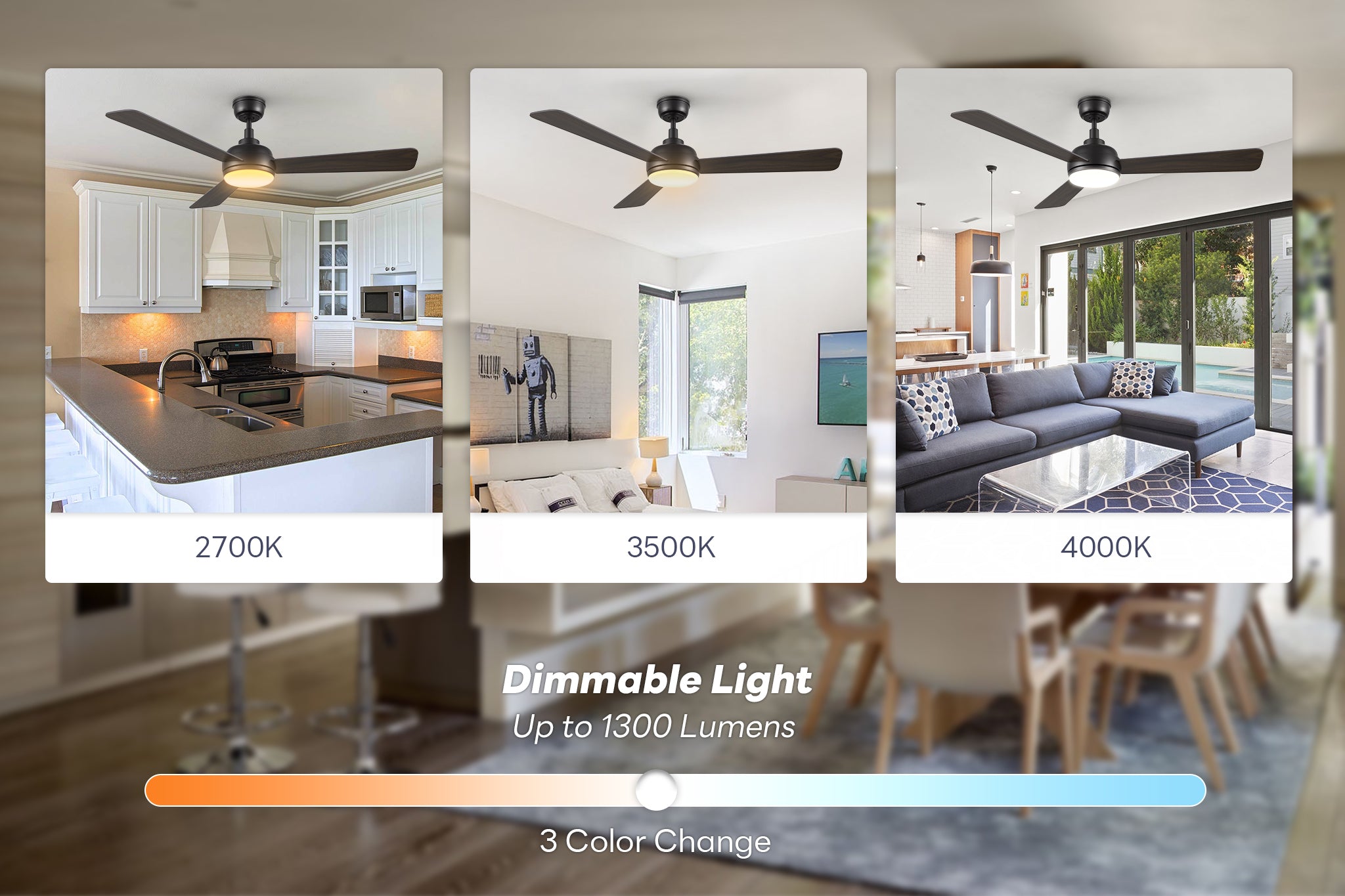 52 inch Audra wood ceiling fan with dimmable light shown in three room settings—kitchen, bedroom, and living room. Integrated LED offers 3 color change options (2700K, 3500K, 4000K) with up to 1300 lumens brightness. Text highlights “Dimmable Light,” “Up to 1300 Lumens,” and “3 Color Change” with color gradient bar.