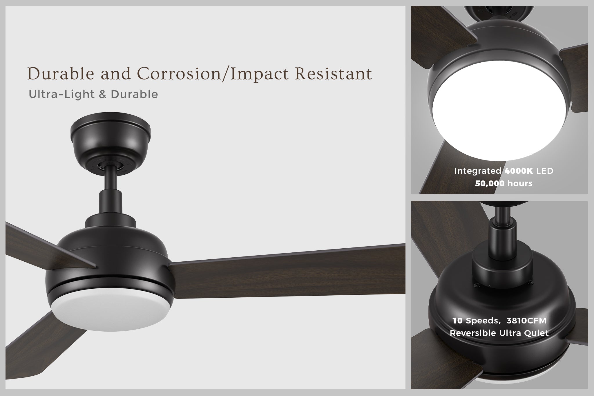 52 inch Audra wood ceiling fan with light in dark bronze or black finish, featuring three wooden-look blades and an integrated round LED light. Text highlights durability, corrosion and impact resistance, ultra-light build, 4000K LED with 50,000 hours lifespan, and 10 speeds with 3810 CFM reversible ultra-quiet DC motor.