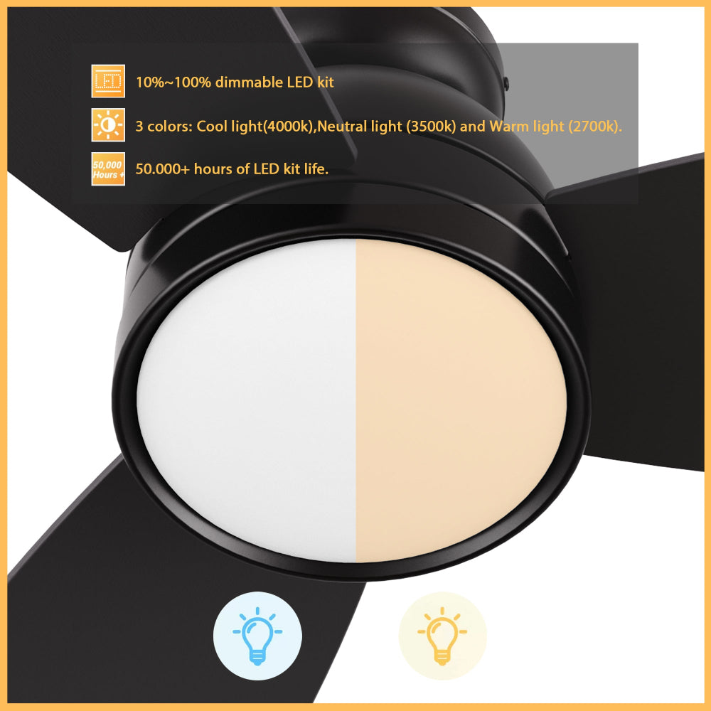 Close-up of a modern black ceiling fan with LED light kit showing two light modes, cool white (4000K) and warm light (2700K), with dimmable range from 10% to 100% and a long lifespan of over 50,000 hours.