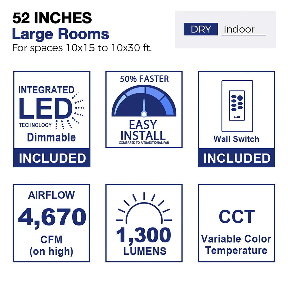 The Smafan 52-inch Olinda Low Profile Ceiling Fan with LED Light and Wall Control is designed for large indoor rooms and offers a blend of modern style and functional performance.