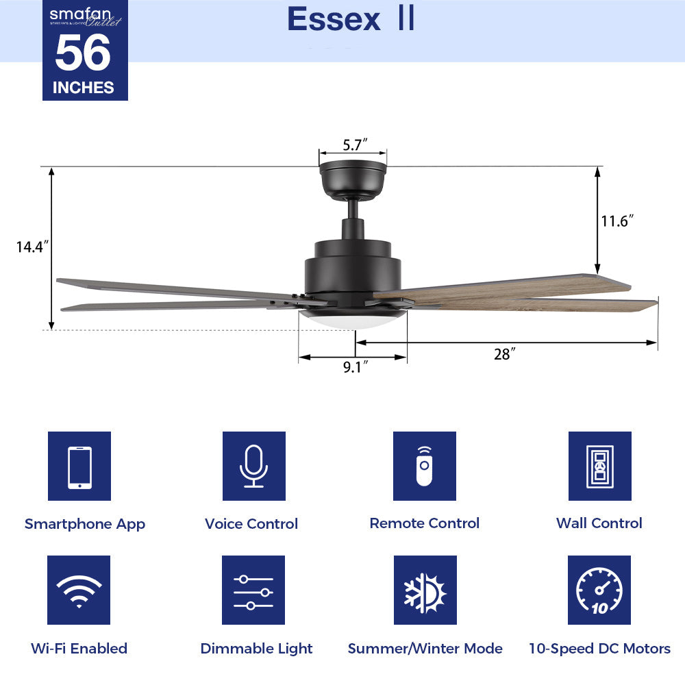 Feature highlight for the Smafan Essex2 56-inch outdoor smart ceiling fan in Walnut, with smart control options including Wi-Fi, voice assistant, dimmable lighting, and reversible motor modes for year-round comfort.