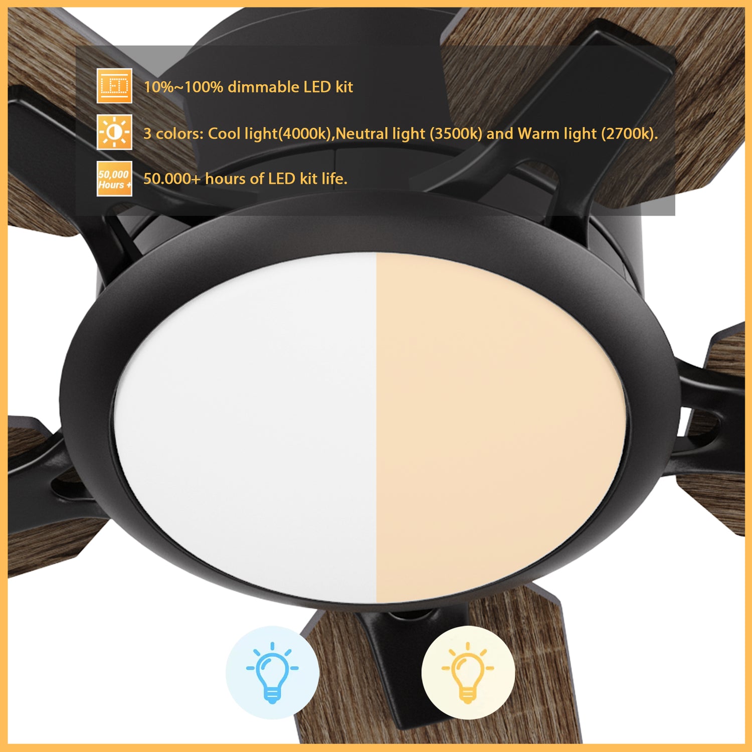 Close-up view of the Smafan Essex 56-inch outdoor smart ceiling fan in Walnut, showing the built-in dimmable LED light with adjustable color temperature—warm white and cool white—highlighting the customizable lighting feature.