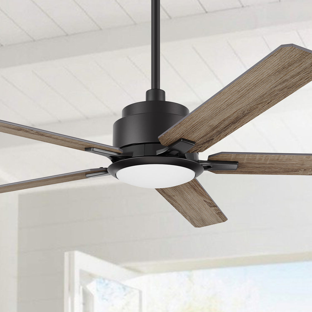 Side view of the Smafan Essex 56-inch smart ceiling fan in Walnut, installed on a white-paneled ceiling, highlighting its matte black motor housing and five rustic-style blades.