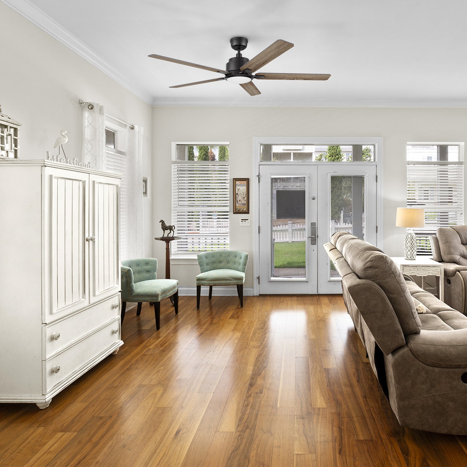 Smafan Essex 56-inch smart ceiling fan with Walnut blades mounted in a warm-toned living room with wooden floors and neutral furnishings, showcasing its elegant integration into home interiors.