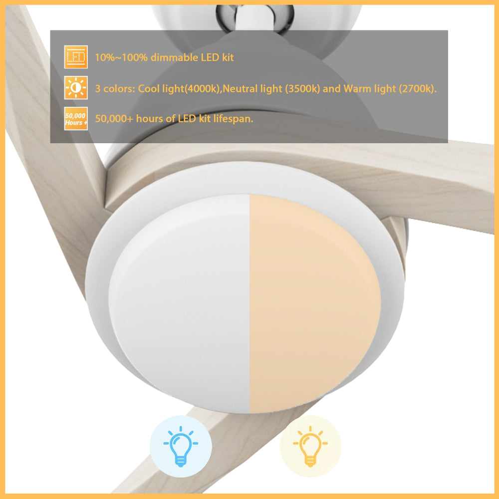 Nephele White and light wood ceiling fan with LED light close-up featuring a dimmable 3-color LED kit from 2700K to 4000K.
