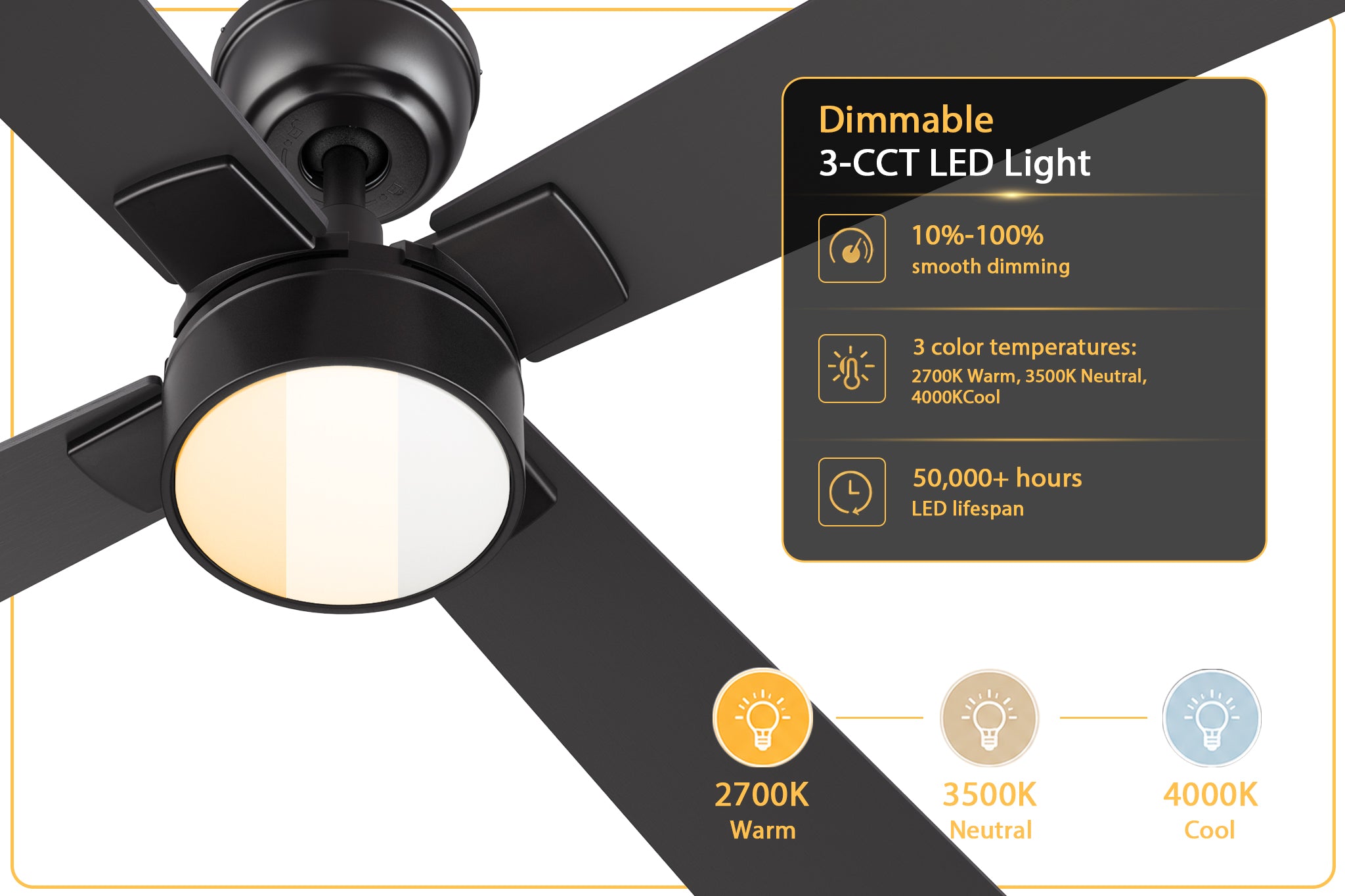 Black LED lighting ceiling fan with dimmable 3-CCT LED light showing 3 color temperatures from 2700K to 4000K.