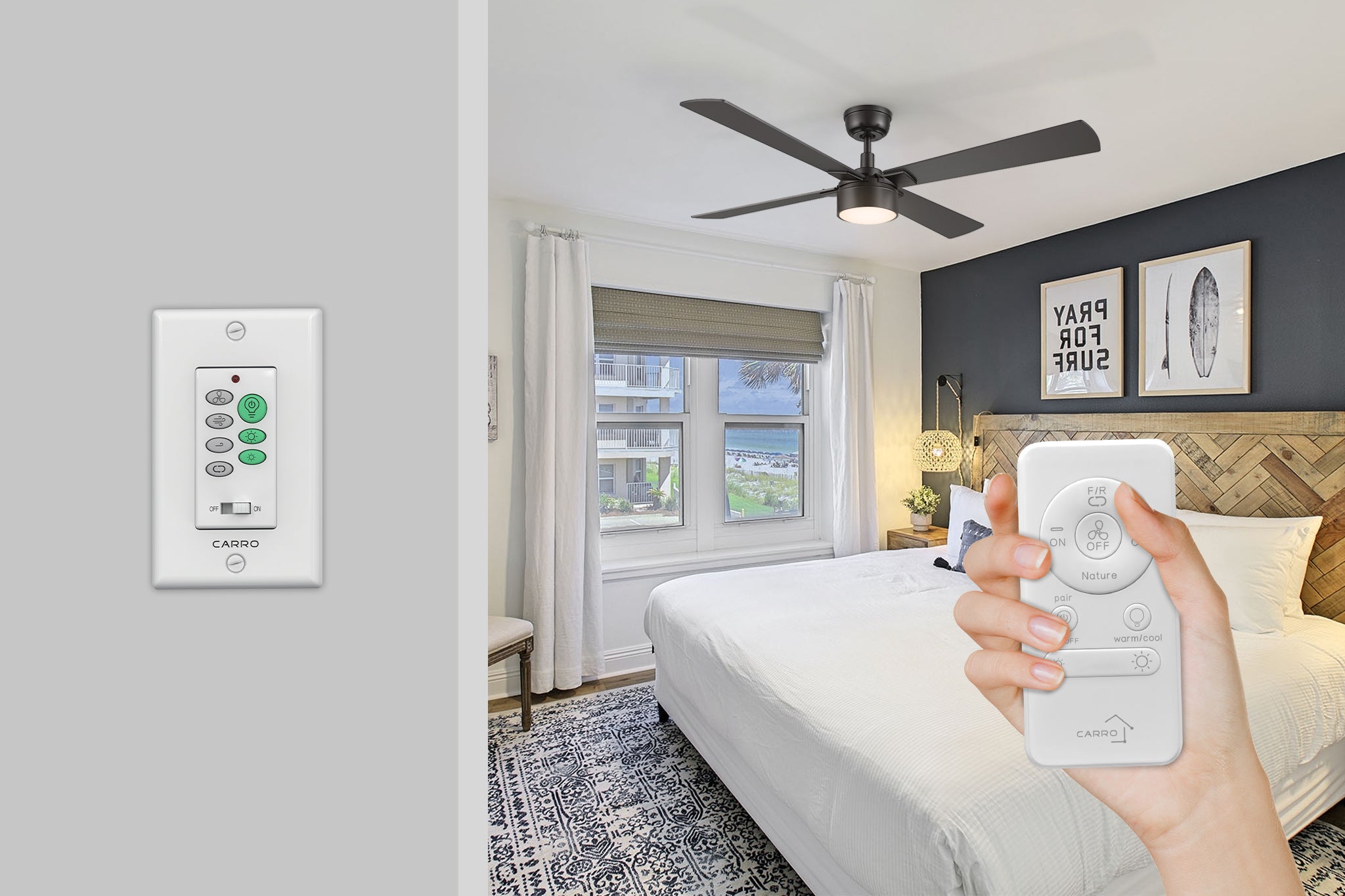 Black ceiling fan for high ceilings with wall switch and handheld remote control operating in a modern bedroom.