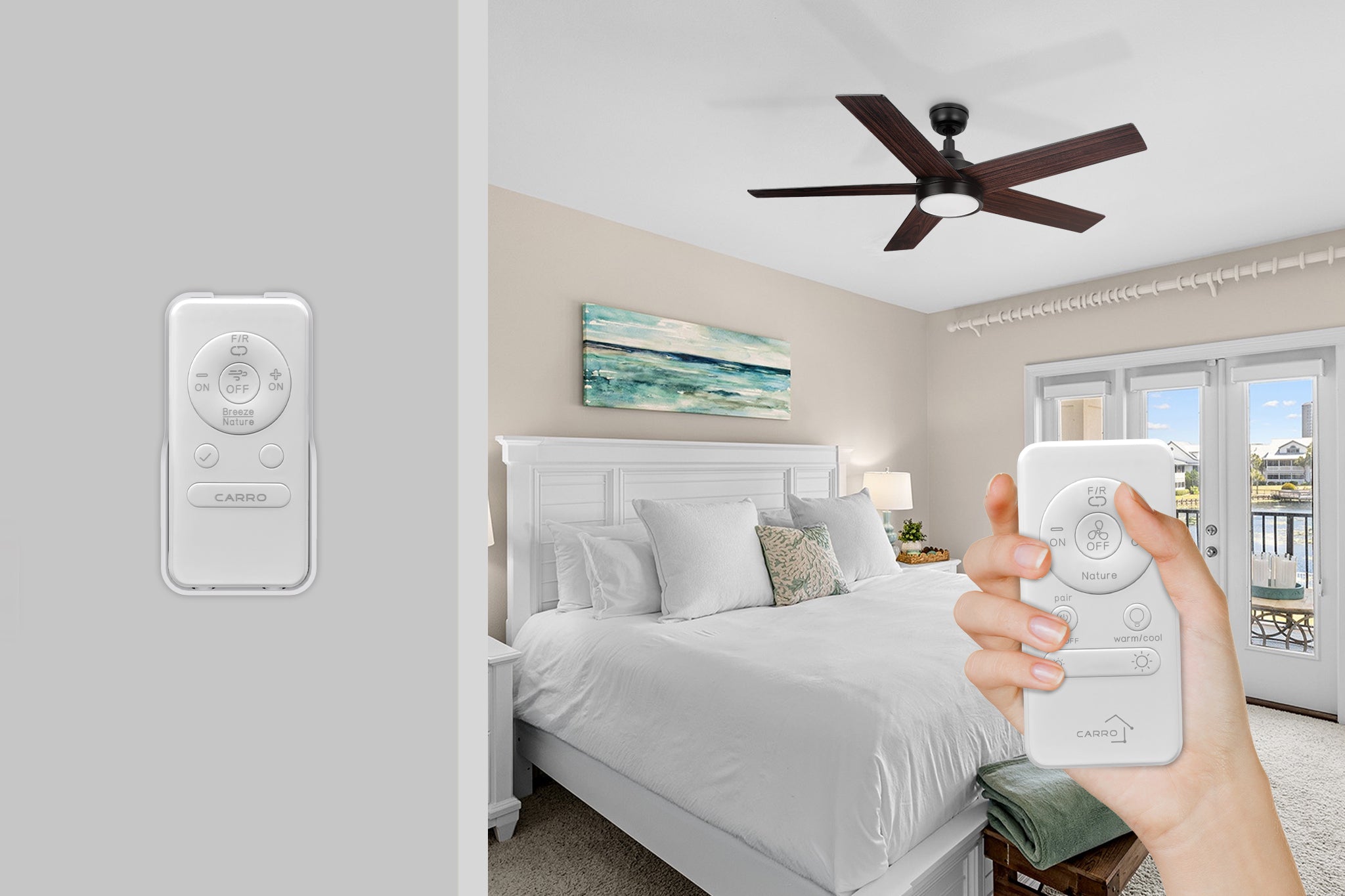 Smafan 52 inch dark wood ceiling fan with light and remote control, displaying a wall-mounted cradle setup in a bright coastal modern bedroom.