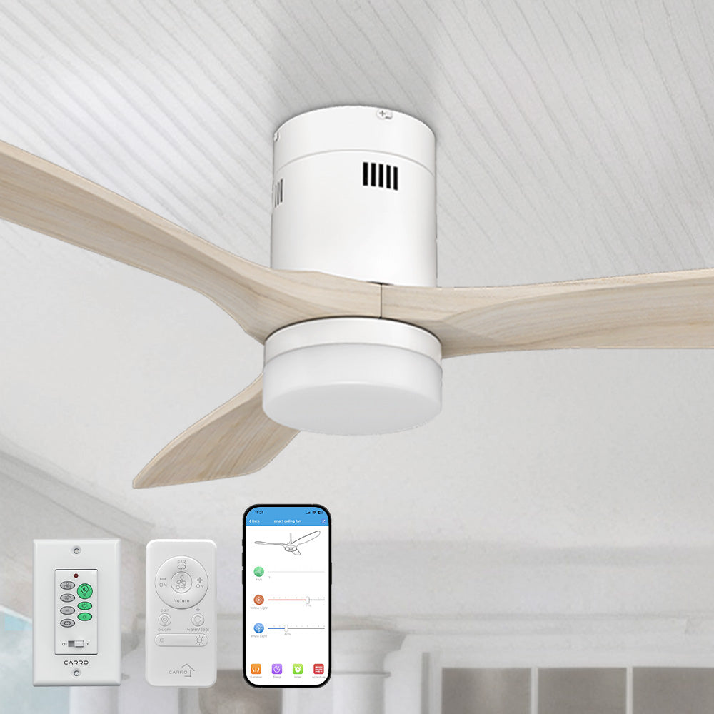 The Carro Alfa 52-inch smart outdoor ceiling fan features a sleek white finish and three elegant light wood blades, paired with an integrated 4000K LED daylight. Ideal for covered balconies and outdoor spaces, it offers convenient control via remote, wall switch, or Wi-Fi–enabled app.
