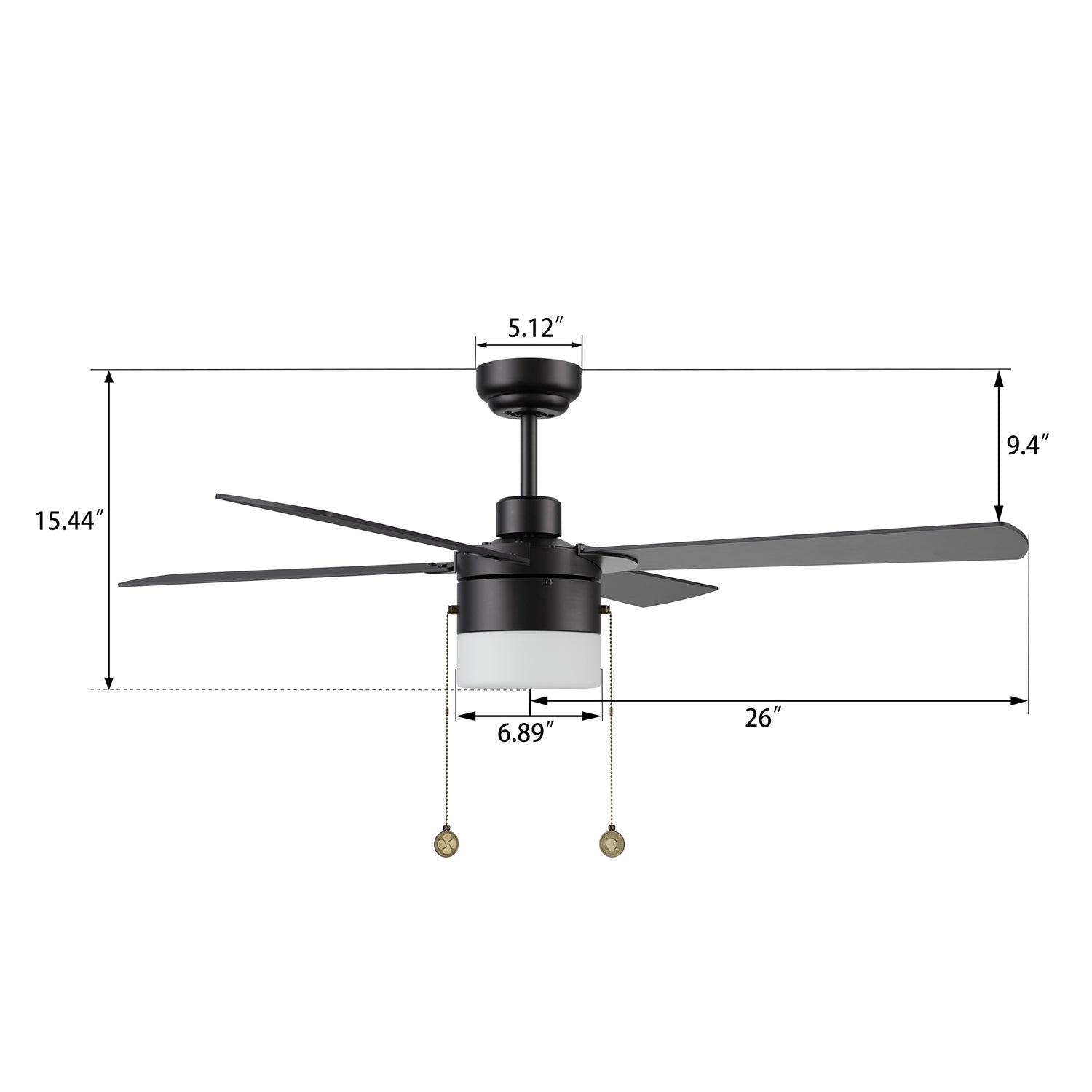 The dimension image of 52 inch black pull-chain ceiling fan with four plywood blades.