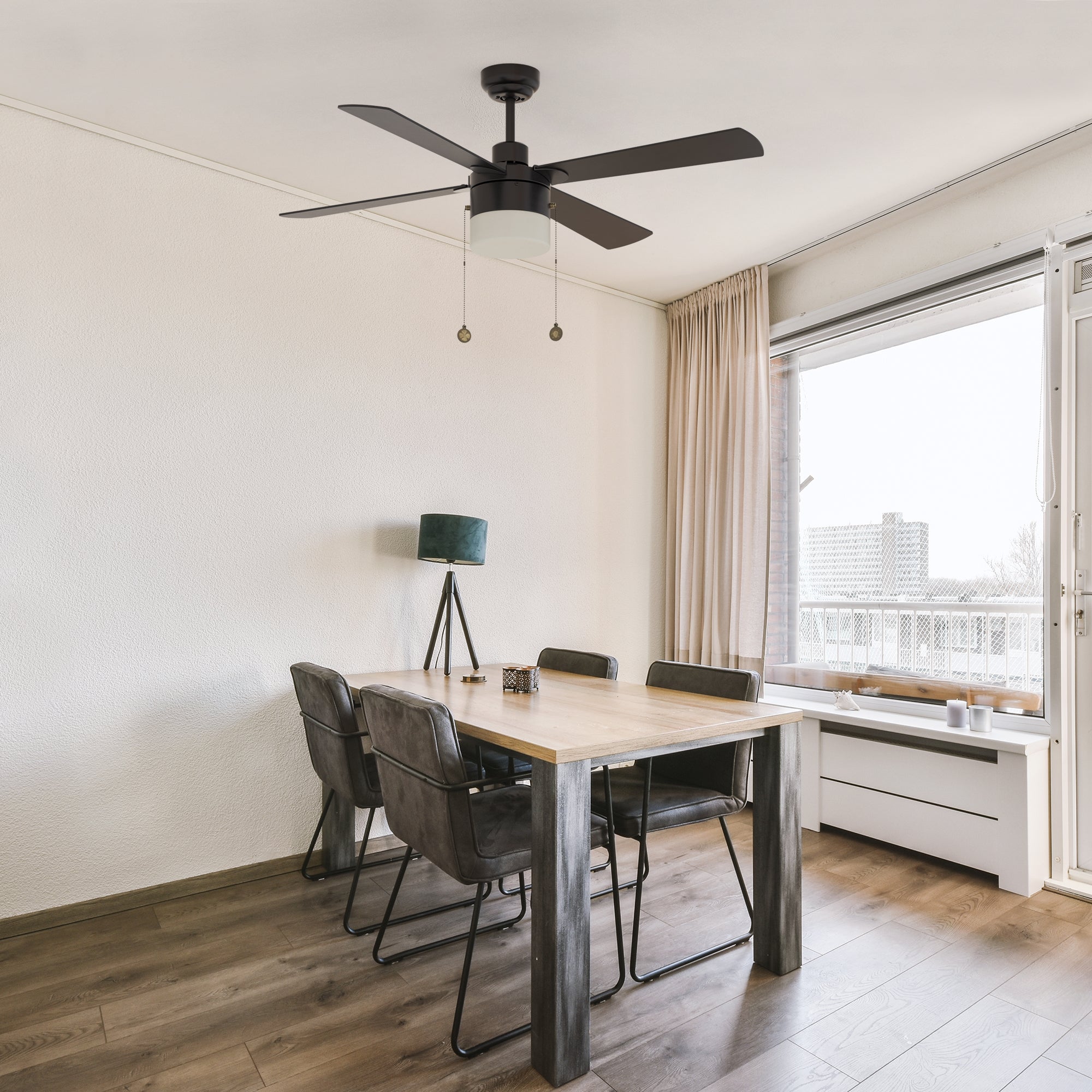 52inch black pull chain ceiling fan. Featuring with 3-speed ac motor, provide max 4716 CFM airflow, which keep your modern living room cooling.