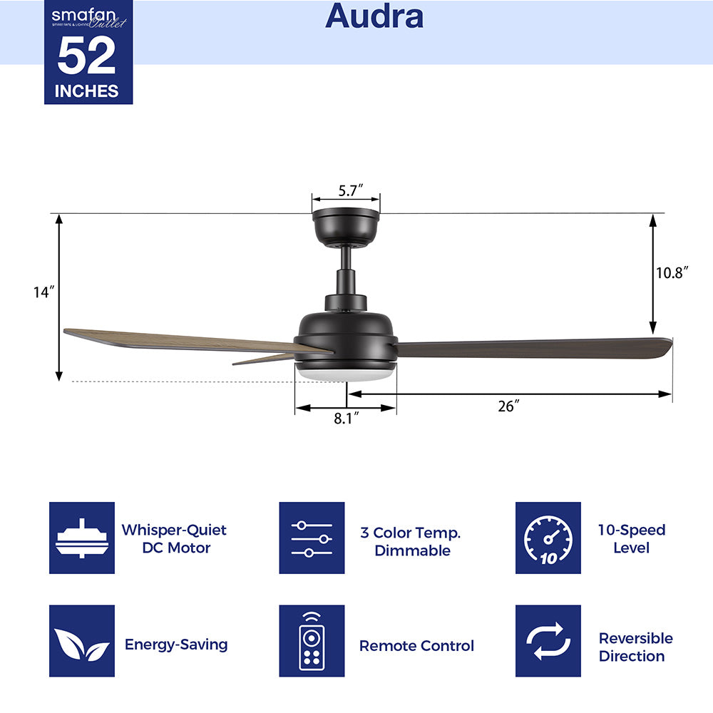A detailed image of the Smafan Audra 52-inch smart ceiling fan, featuring a matte black housing and three dark wood-finish blades, designed for indoor use. The fan includes an integrated LED light kit and is depicted with key dimensions: a total height of 14 inches (from ceiling to light fixture), a blade span of 52 inches (indicated by "52 INCHES" and "26"" for half-span), a canopy diameter of 5.7 inches, and a motor housing width of 8.1 inches.