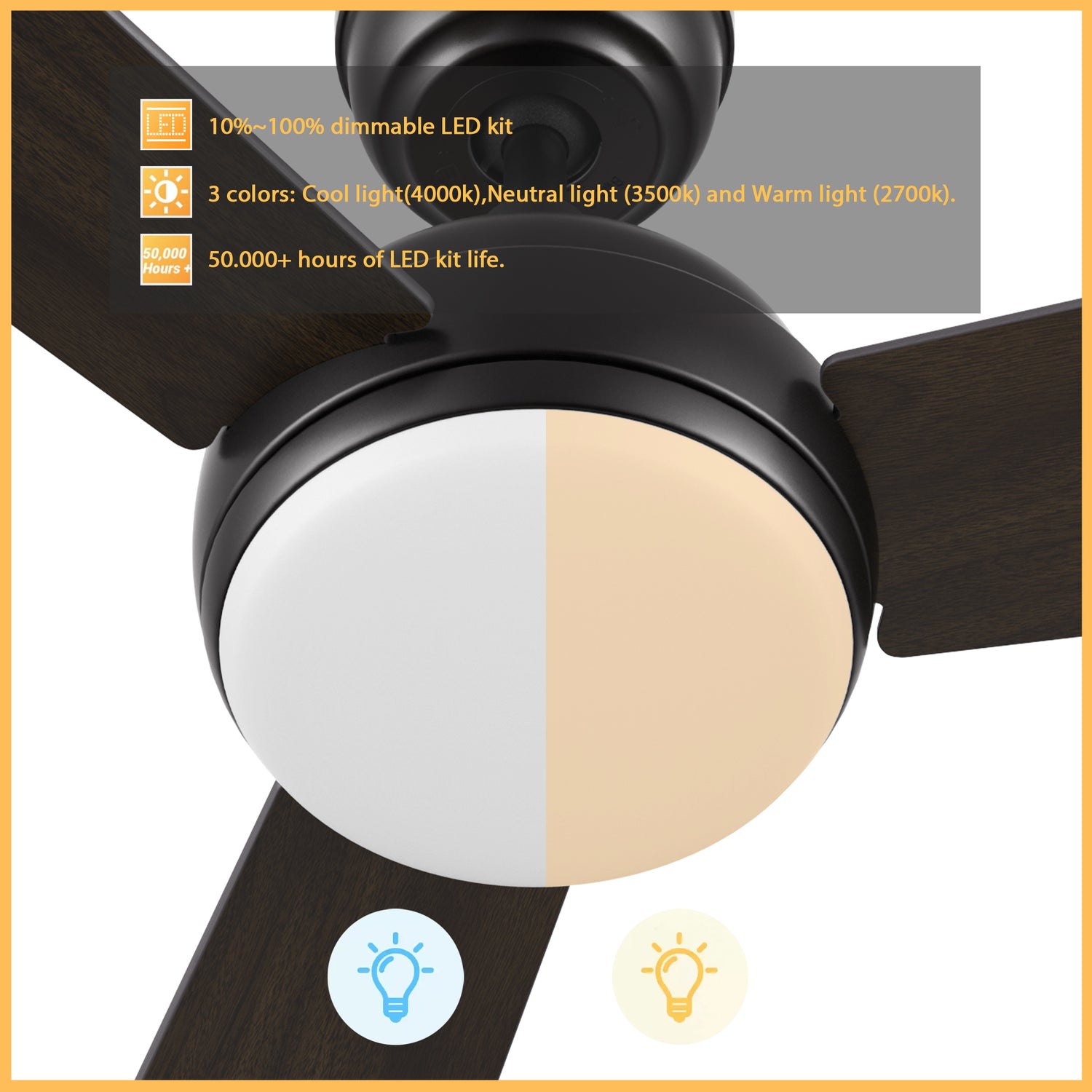 A Smafan Audra 52-inch modern ceiling fan in matte black with three reversible driftwood-walnut blades and an integrated LED light. The light illustrates cool white (4000K) and warm amber (2700K) tones, with dimmable 10–100% brightness, three color options, and 50,000+ hours lifespan. Powered by a quiet 10-speed reversible DC motor, this large ceiling fan ensures energy-efficient airflow year-round.