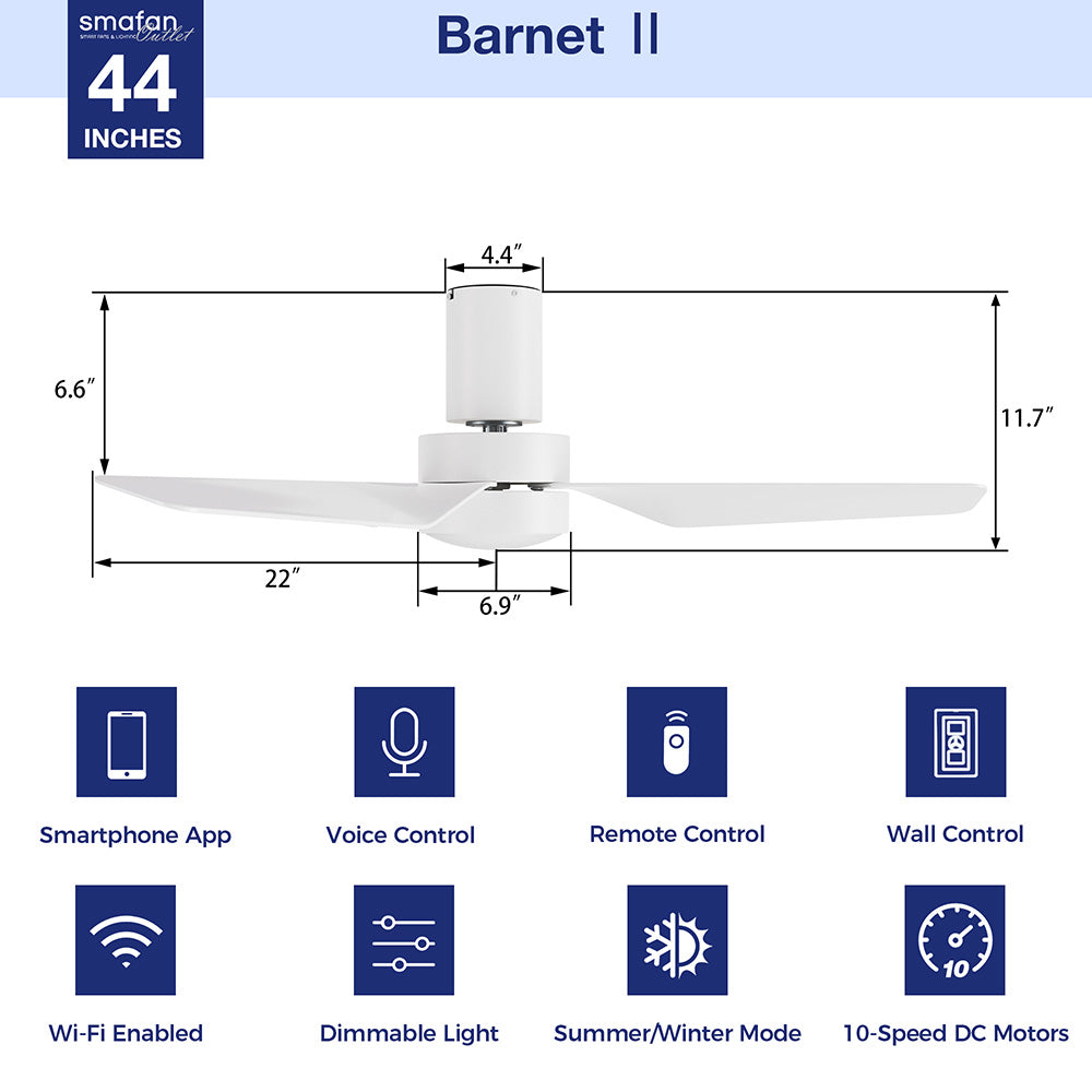 Feature overview of the Smafan Barnet2 44-inch smart flush mount ceiling fan with icons for Wi-Fi, voice control, app control, remote, dimmable light, and 10-speed DC motor.