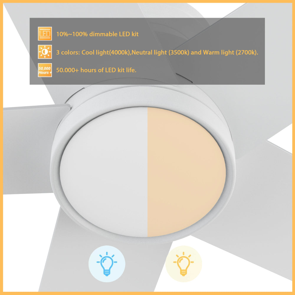 Smafan Bayu 52 inch low profile white ceiling fan with dimmable LED light, showing split view of cool white and warm yellow color temperatures (2700K–4000K), 10%–100% dimming, and 50,000+ hours lifespan.