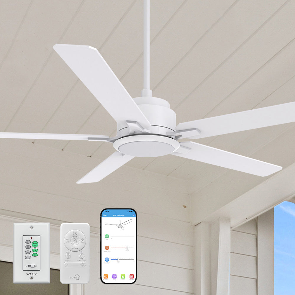 Essex large smart ceiling fan in white with light is mounted on a porch ceiling using a matching downrod. This modern outdoor ceiling fan features 5 blades for powerful airflow and stylish design. Below the fan are three control options: a CARRO wall switch, a CARRO handheld remote, and a smartphone app interface, showing its smart versatility.
