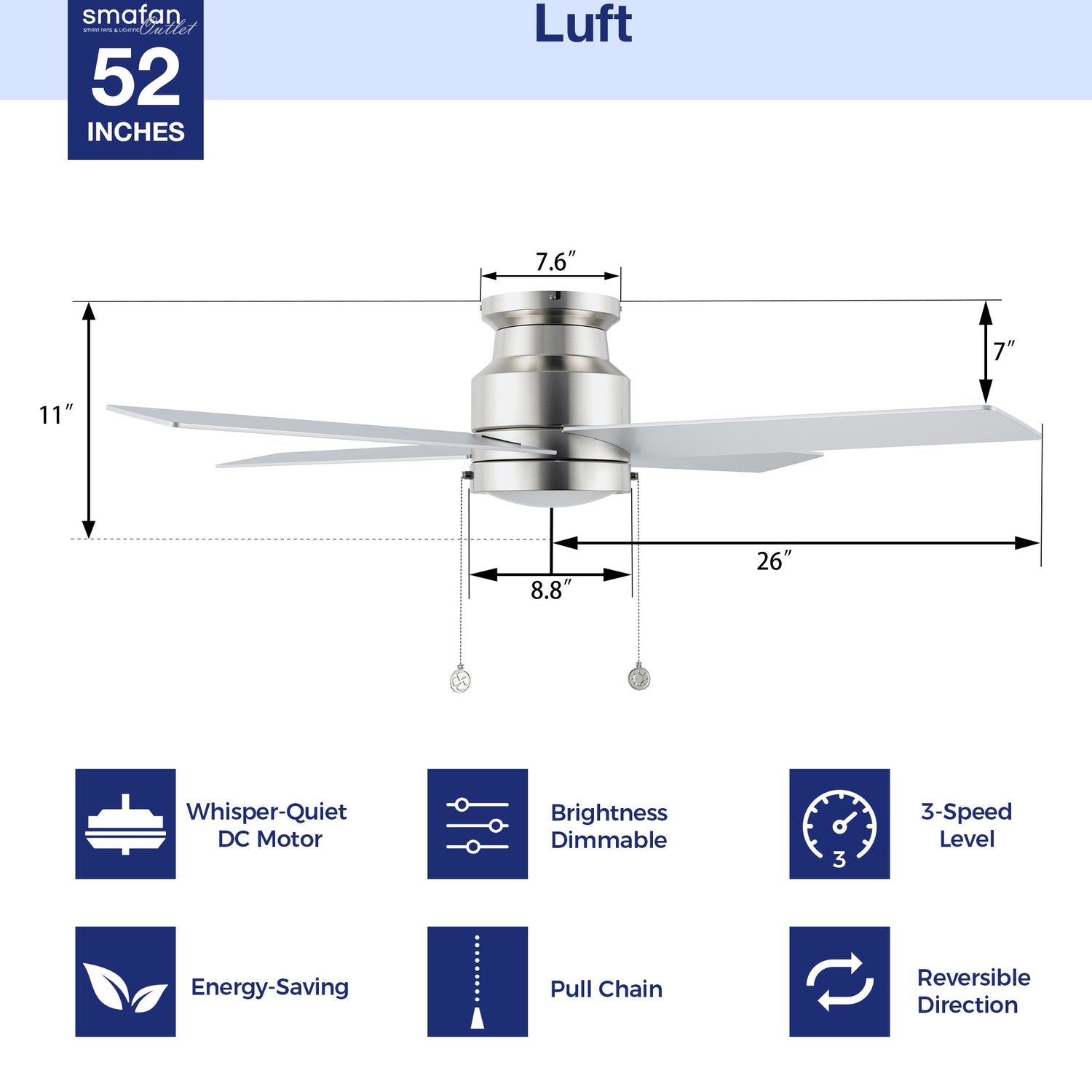Dimensions and key features of this 52-inch modern ceiling fan, showcasing size and functional details including ceiling fan pull chain, easy fan installation, 5-speed ,3 color temp. whisper motor, durable LED light kit, energy efficient, indoor use, summer mode, winter mode