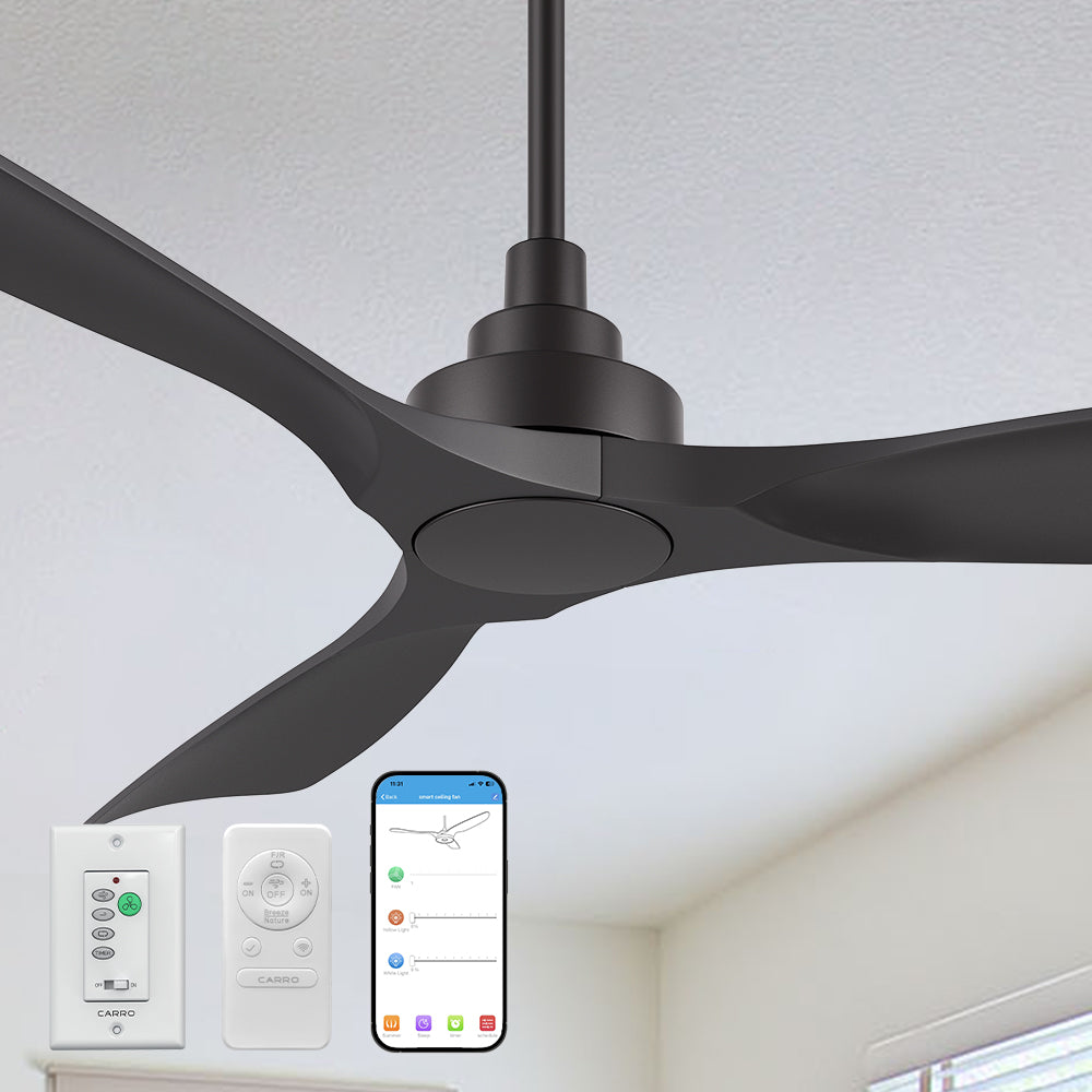 Smafan Kilk 52-inch smart ceiling fan in black, equip with wall switch and remote control, without light, mounted on a ceiling with a plain indoor background, featuring a window and minimal furnishings.