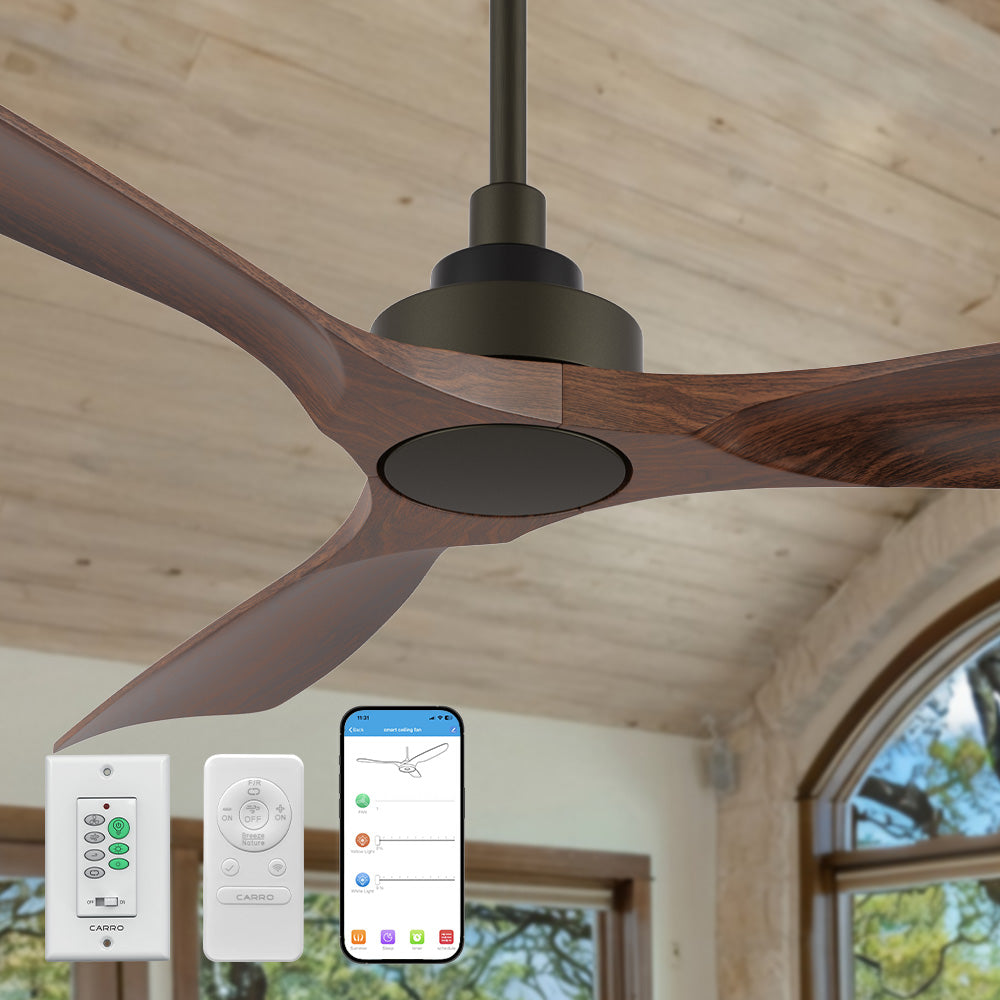 Carro smart ceiling fan with black finish and dark walnut wood blades, featuring included remote controls and a visual representation of its compatible smartphone app.