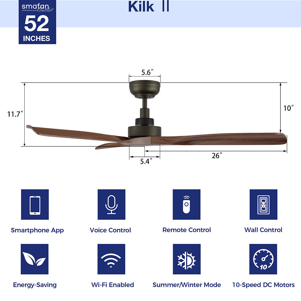 Smafan Kilk II 52-inch ceiling fan with a dark finish and wood-look blades, displayed with key dimensions and icons for features including Wi-Fi, smartphone app control, and 10-speed DC motors.